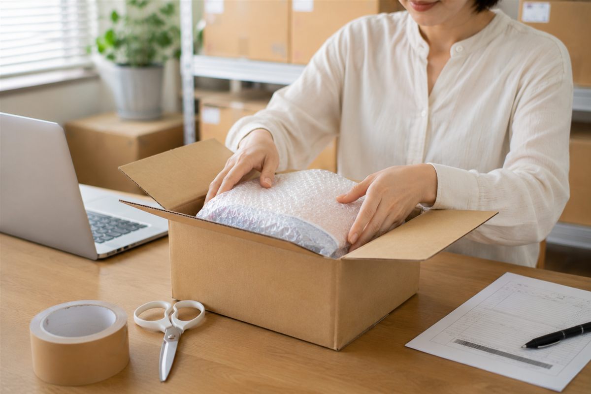 商品を緩衝材で包み丁寧に梱包する様子